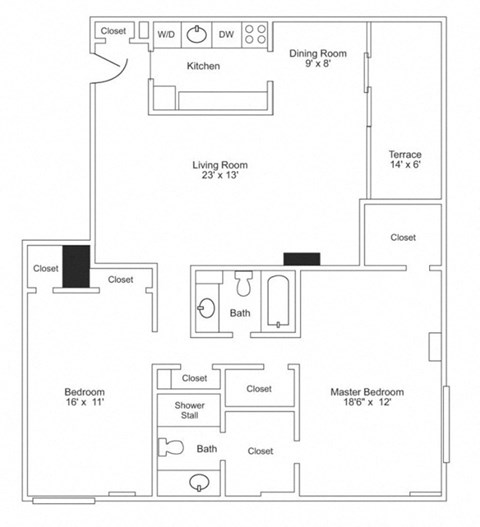 Floor plan for 2 beds, 2 baths, 1264 sqft